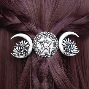 Pentagram Silver Hair Clip Set with Moon  Design